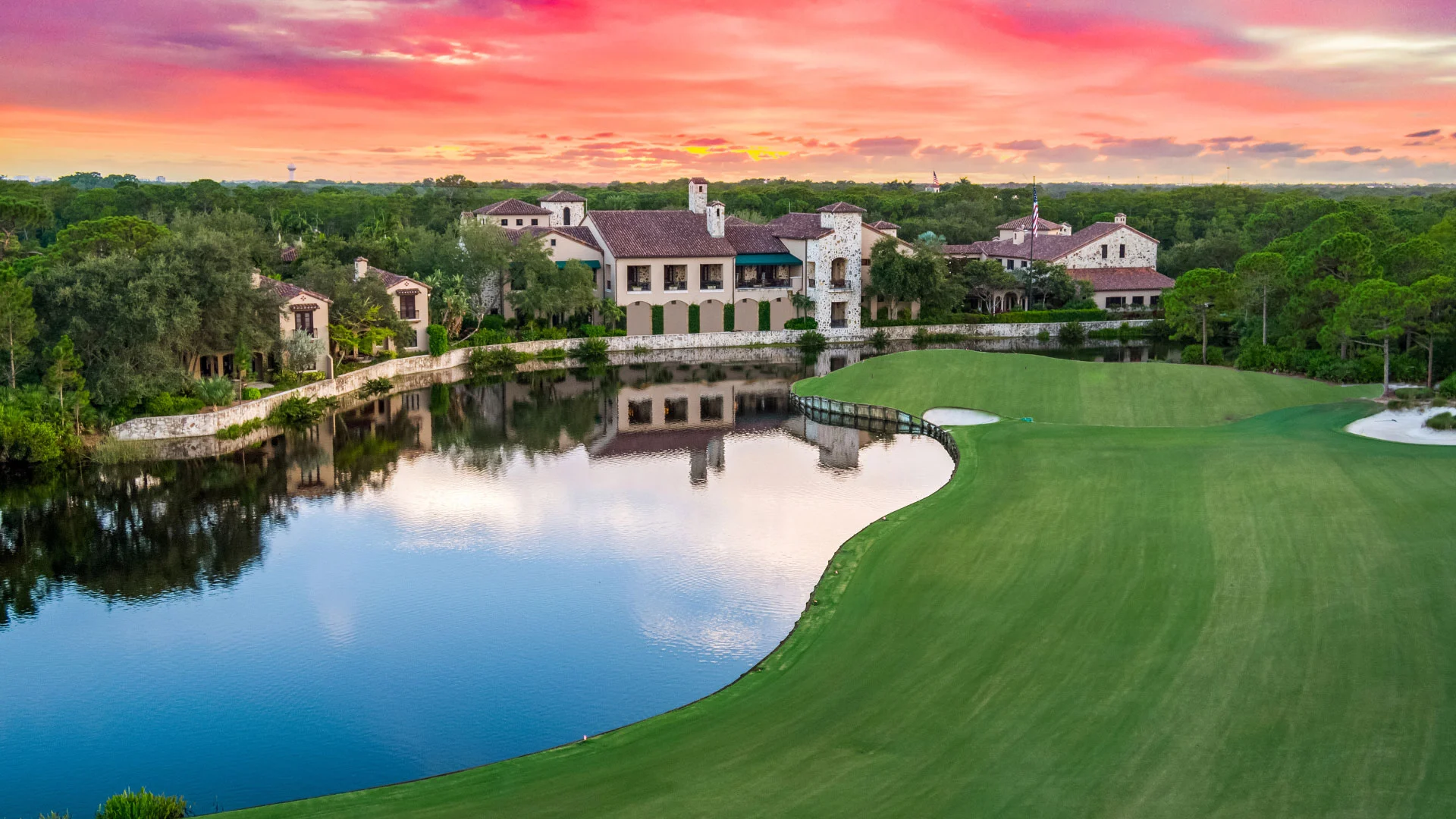 aerial view of Jupiter's Bear's Club at sunset